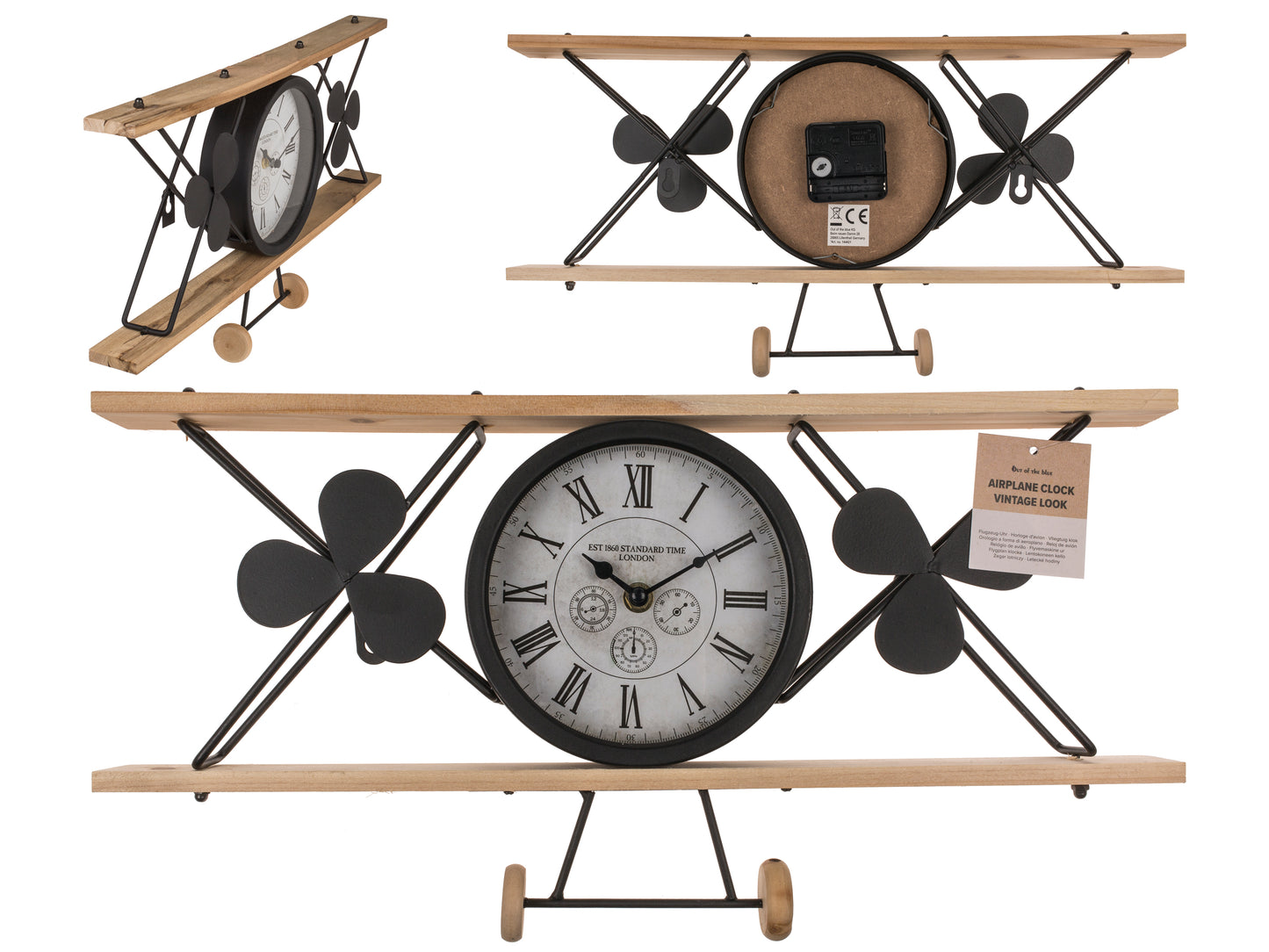OROLOGIO A FORMA DI AEROPLANO, LOOK VINTAGE, METALLO E LEGNO