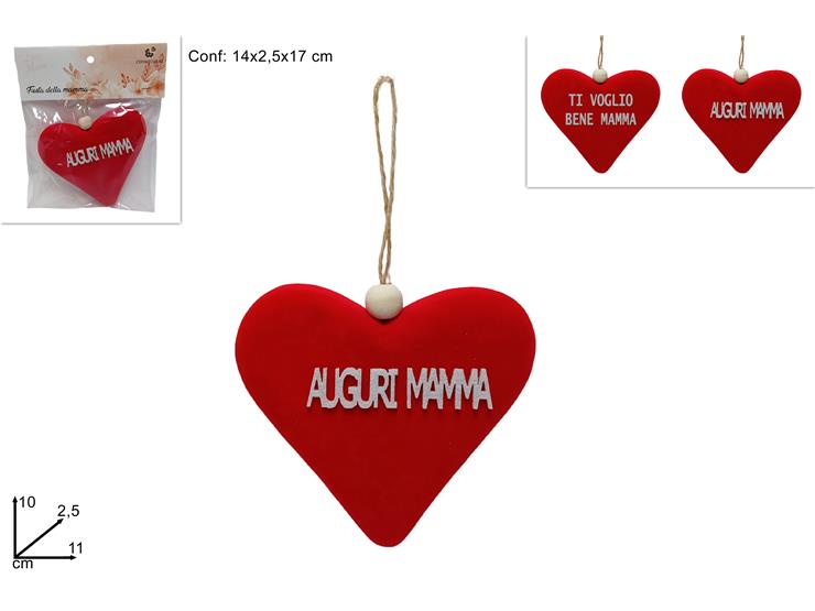 APPENDINO CUORE ROSSO FLOCCATO 11 CM FESTA DELLA MAMMA 2 ASS