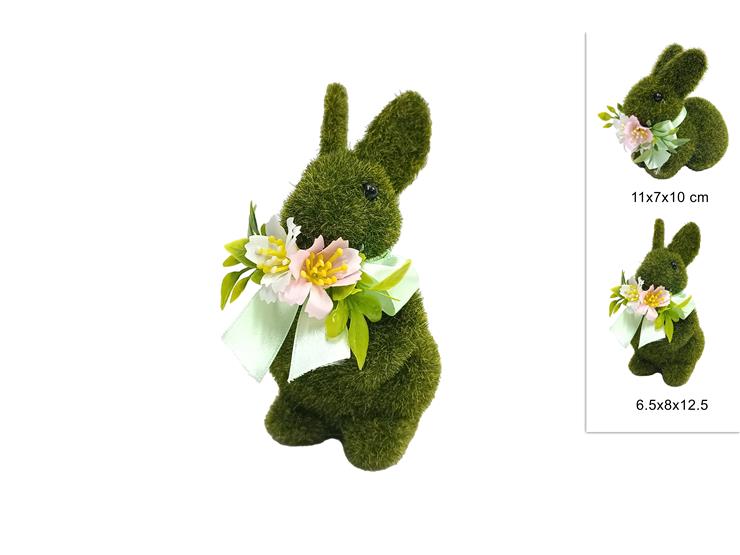 CONIGLIO 12.5 CM CON FIORE VERDE FLOCCATO 2 ASSLX2024-1988/1