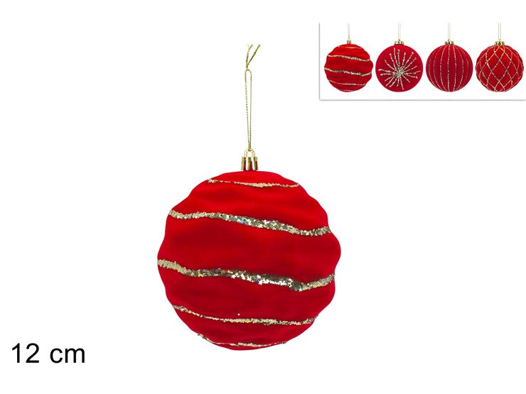 PALLA 12CM VELLUTO ROSSO C GLITTER ORO 4ASSORTIMENTI