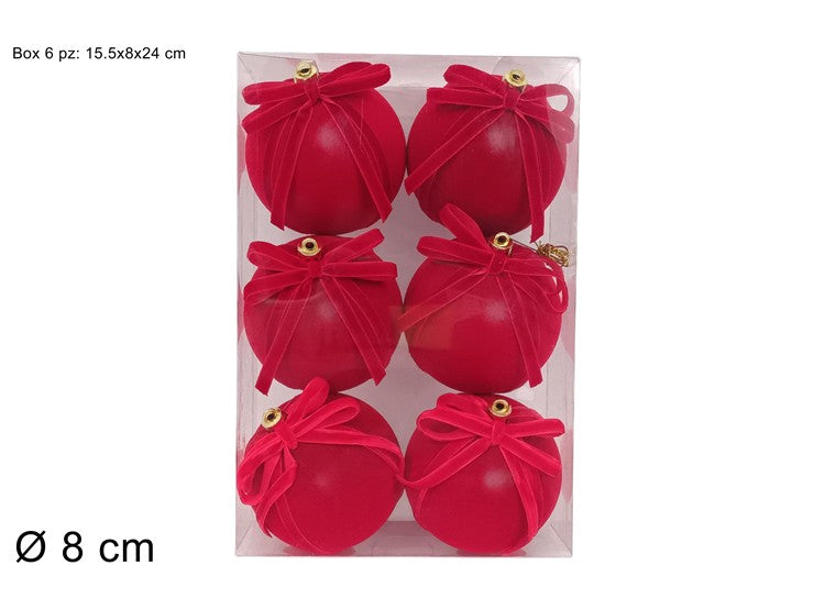 PALLA 8CM EFFETTO VELLUTO ROSSO C FIOCCO SET 6PZ IN BOX PVC