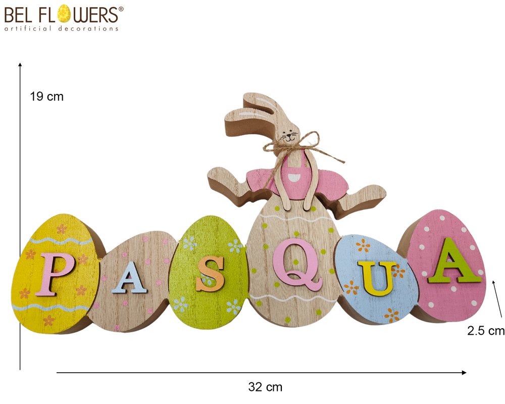 SCRITTA LEGNO 'PASQUA' OVETTI C/CONIGLIO 32X2.5XH19CM