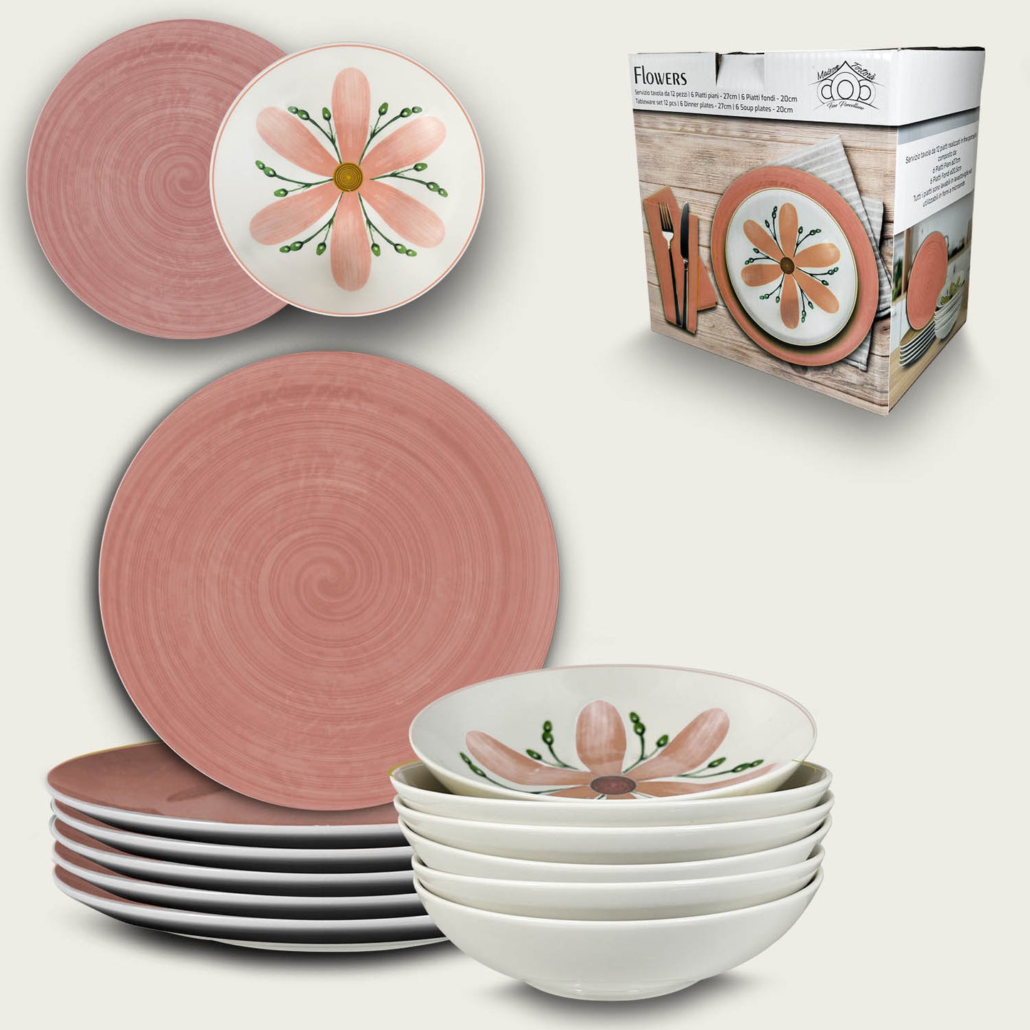 FLOWERS S/12 PIATTI ROSA 956048