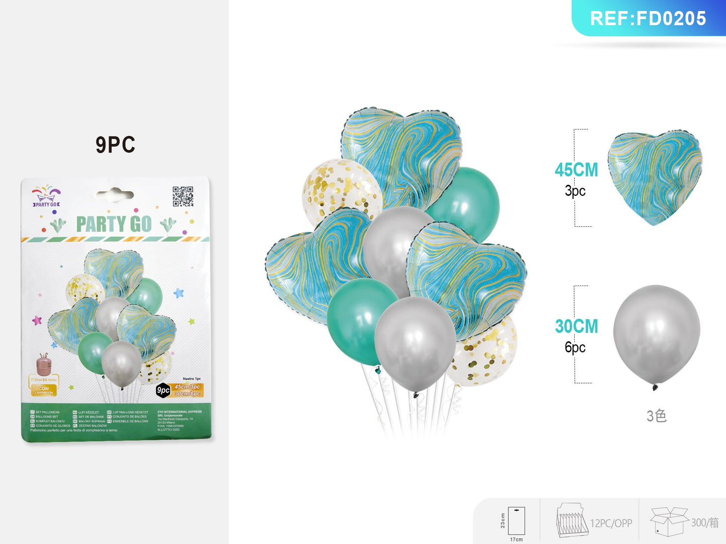 SET PALLONCINI MYLAR CUORE AGATA BLU 9PC