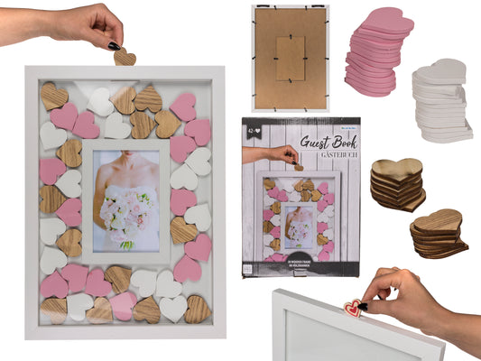 LIBRO OSPITI CON CORNICE E 42 CUORI IN LEGNO DA, SCRIVERE IN