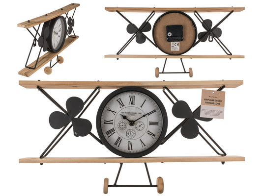 OROLOGIO A FORMA DI AEROPLANO, LOOK VINTAGE, METALLO E LEGNO