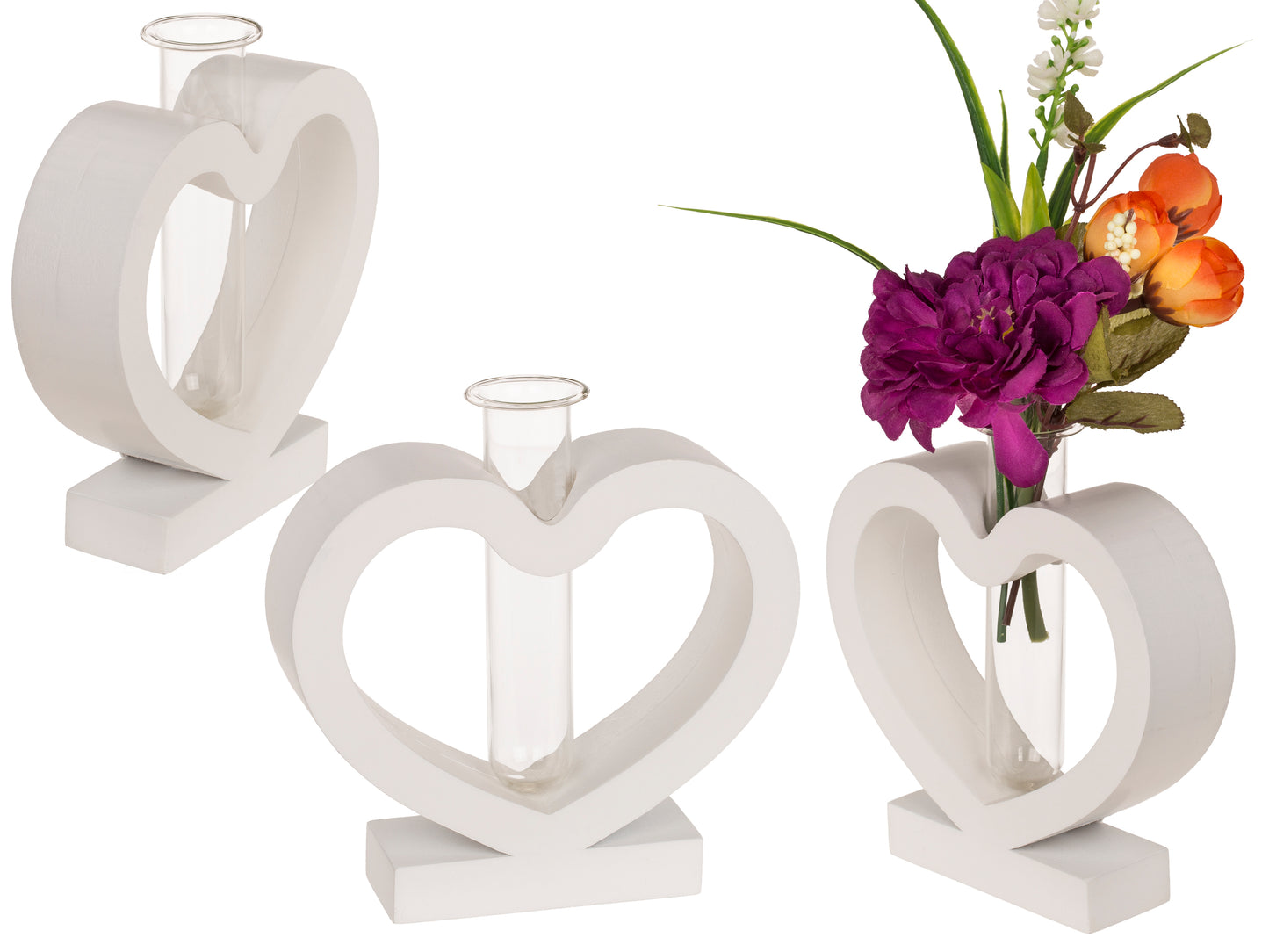 CUORE IN MDF BIANCO CON TUBO DI VETRO, 15 X12 CM