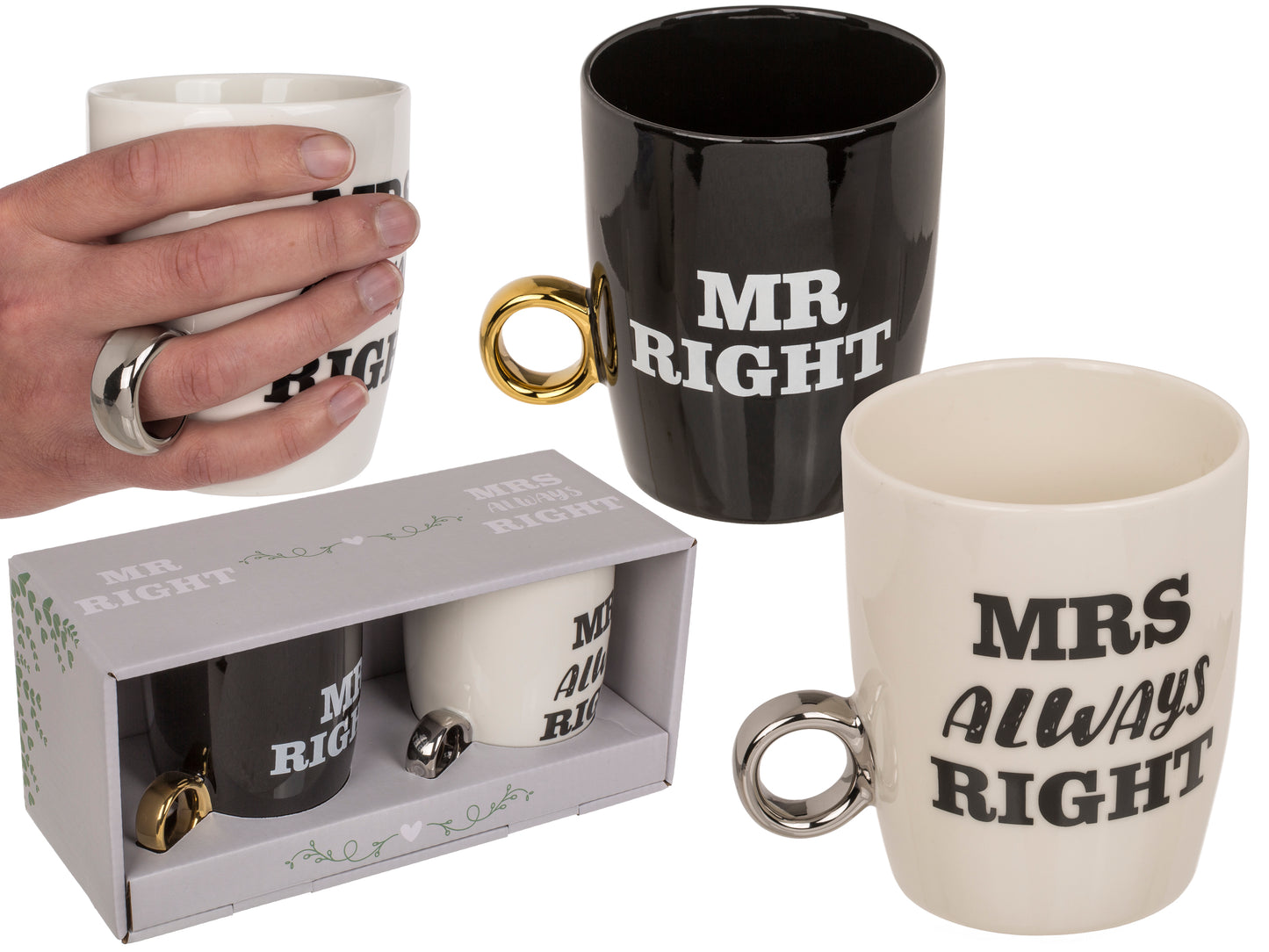 TAZZA IN CERAMICA, MR. RIGHT   MRS. ALWAYS RIGHT, CON MANIGL