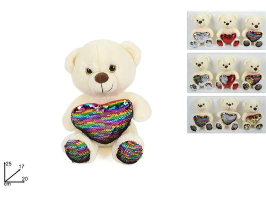 PELUCHE ORSO C/CUORE PAILLETTES CM25 3COL LF78101(1)  CCEDIL