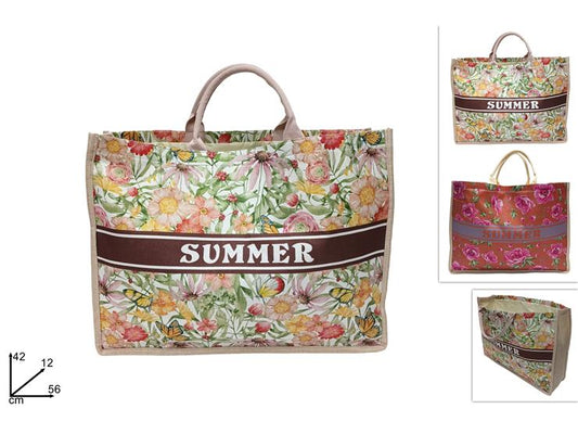 BORSA MARE 56X42CM JUTA FIORI E FARFALLE SUMMER TREND SL23-S