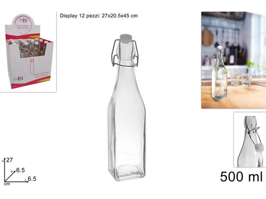 BOTTIGLIA VETRO QUADRATA LISCIA 500ML C/TAPPO ERMETICO IN DI