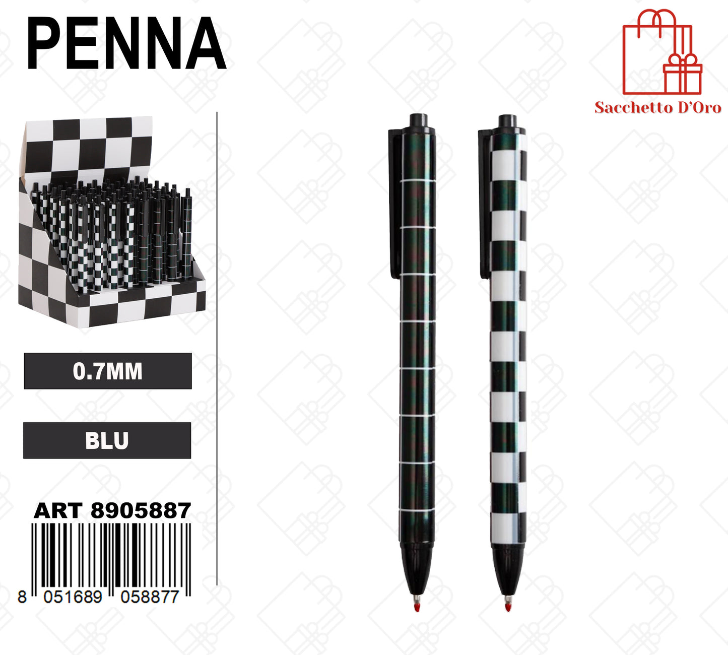 QUADRETTO NERO/BIANCO PENNA A SCATTO SFERA 0.7MM BLU