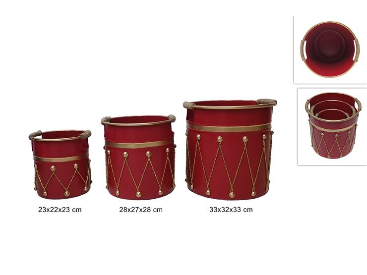 CESTO TONDO TAMBURELLO IN METALLO SET 3 PZ ROSSO/ORO HS2410-