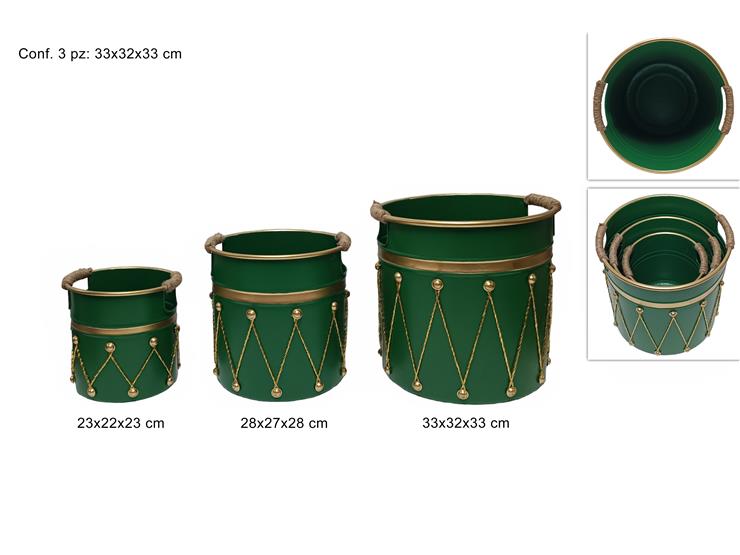 CESTO TONDO TAMBURELLO IN METALLO SET 3 PZ VERDE/ORO HS2410-