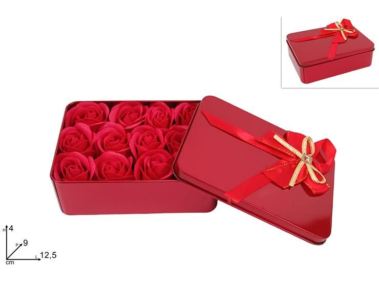 SCATOLAMETALLO RETTANGOLARE CON 12 ROSE ROSSE GC24-S02