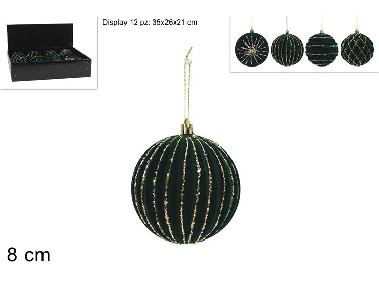 PALLA 8CM VELLUTO VERDE C GLITTER ORO 4ASS.IN DISPLAY