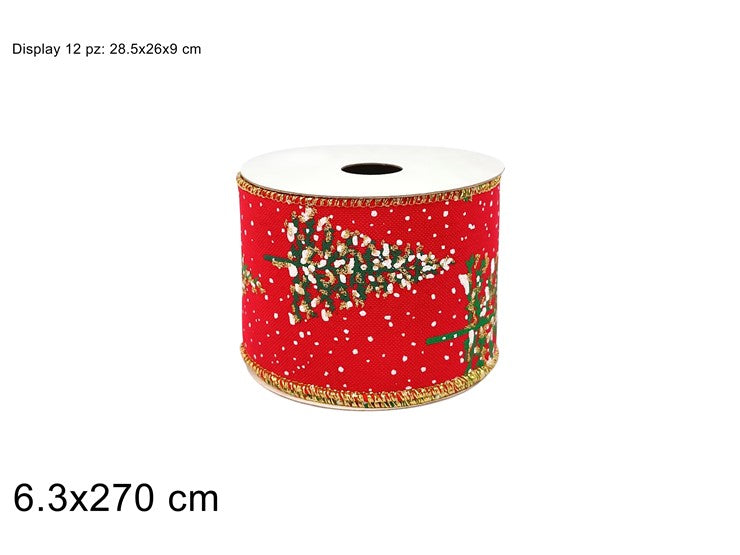 NASTRO 6.3X270CM ROSSO EFFETTO JUTA CON DECORO ALBERI E GLIT