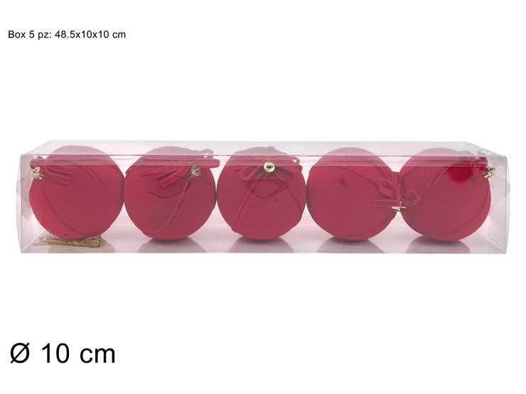 PALLA 10CM EFFETTO VELLUTO ROSSO C FIOCCO SET 5PZ IN BOX PVC
