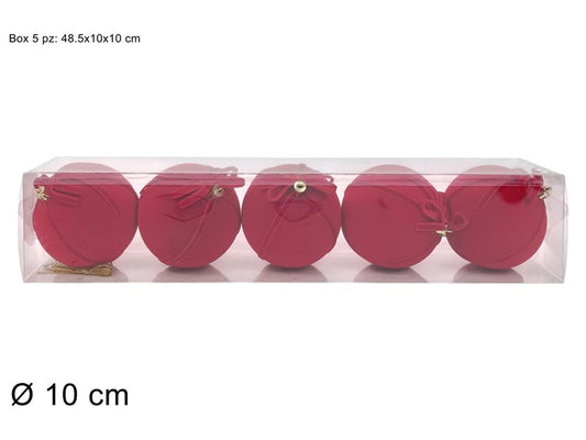 PALLA 10CM EFFETTO VELLUTO ROSSO C FIOCCO SET 5PZ IN BOX PVC