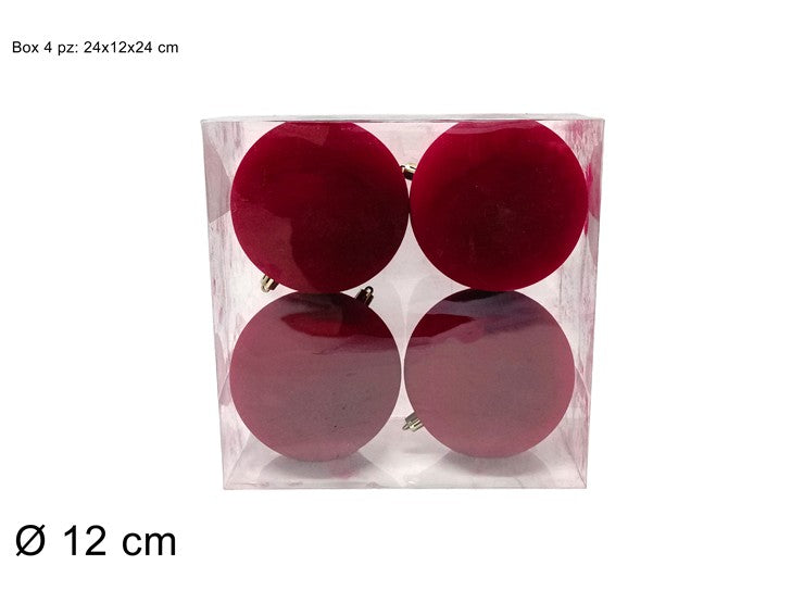 PALLE 12 CM 4 PZ FLOCCATA BORDEAUX IN BOX PVC