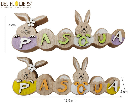 SCRITTA LEGNO 'PASQUA' OVETTI C/BUSTO CONIGLI 19.5X2XH7CM