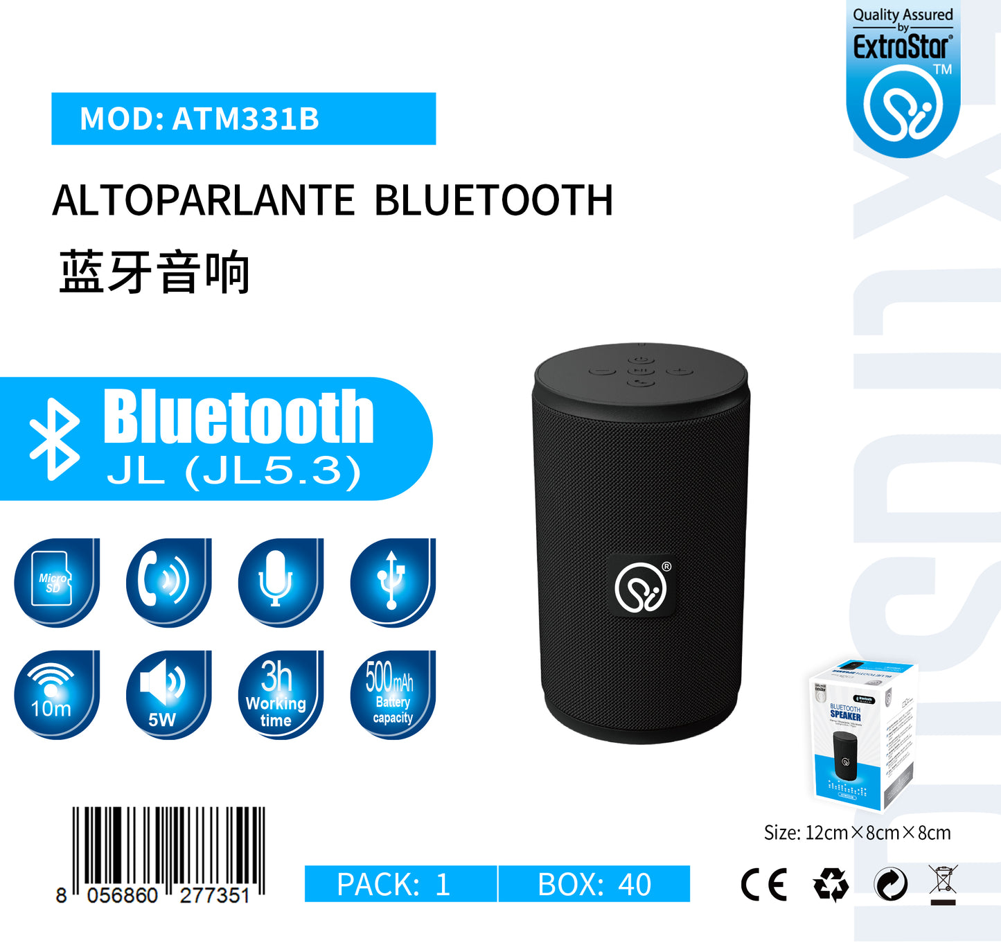 ALTOPARLANTE BLUETOOTH V5.3 JL 500MAH NERO QTA/40