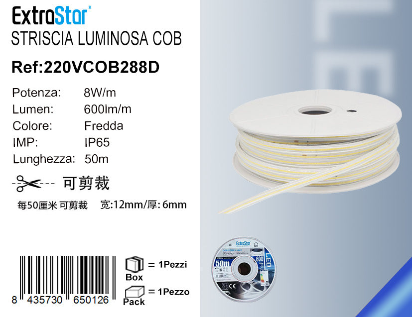 STRISCIA LUMINOSA COB 50M 8W/M 220V-240V LUCE FREDDA QTA/1