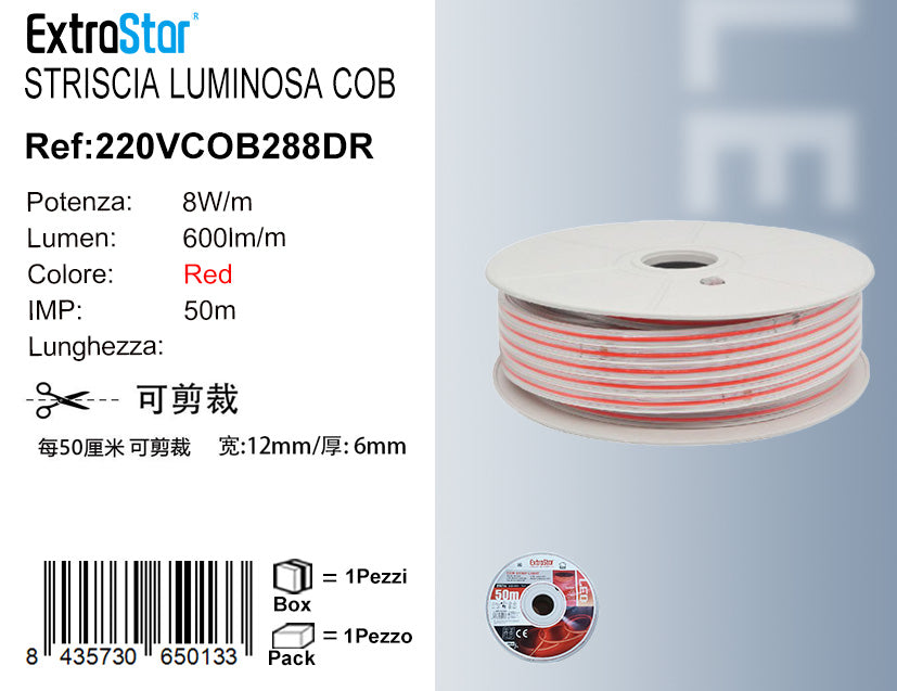 STRISCIA LUMINOSA COB 50M 8W/M 220V-240V LUCE ROSSA QTA/1