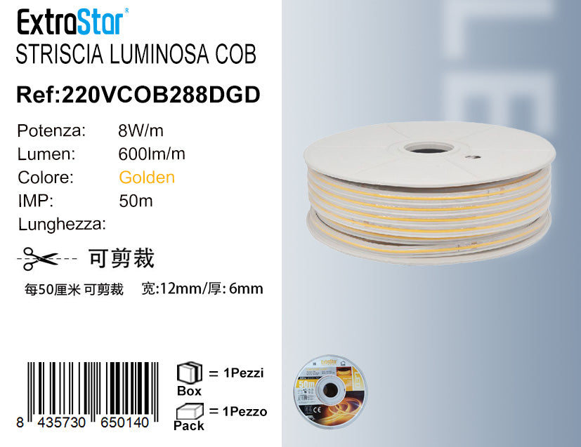 STRISCIA LUMINOSA COB 50M 8W/M 220V-240V LUCE DORATA QTA/1