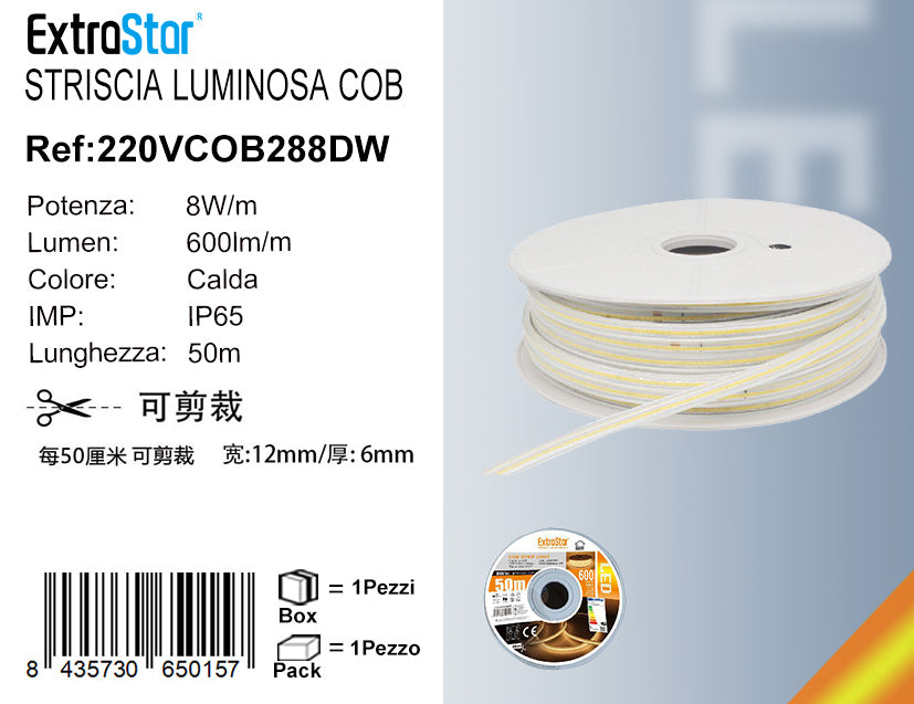 STRISCIA LUMINOSA COB 50M 8W/M 220V-240V LUCE CALDA QTA/1