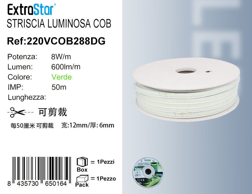 STRISCIA LUMINOSA COB 50M 8W/M 220V-240V LUCE VERDE QTA/1