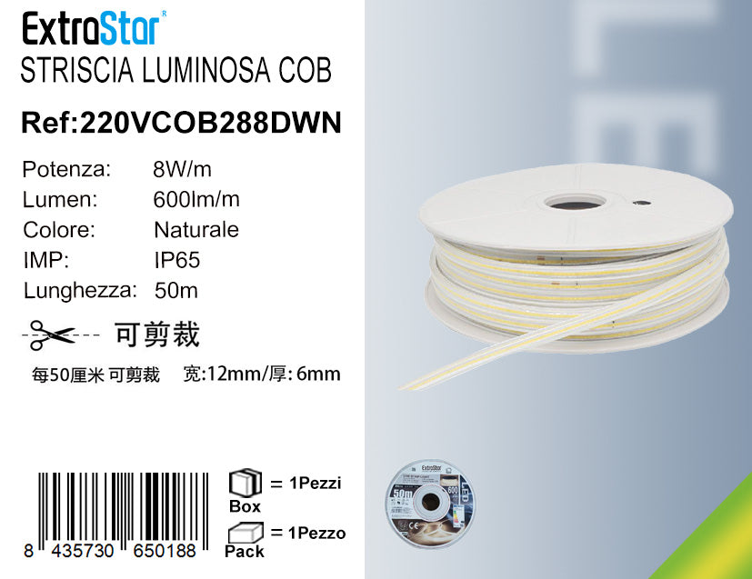 STRISCIA LUMINOSA COB 50M 8W/M 220V-240V LUCE NATURALE QTA/1