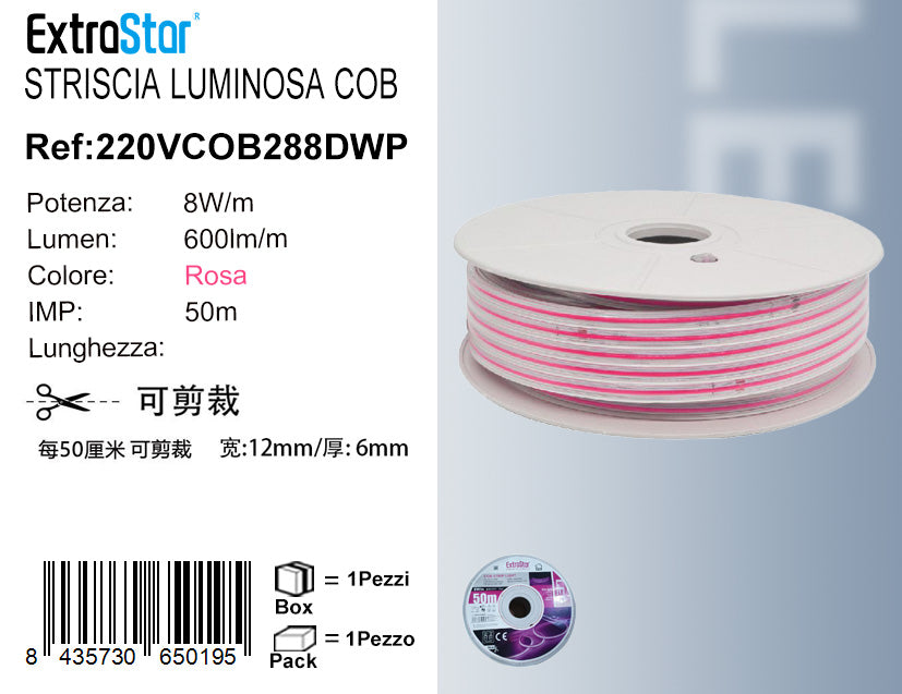 STRISCIA LUMINOSA COB 50M 8W/M 220V-240V LUCE ROSA QTA/1