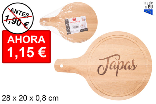 Tagliere tondo in legno con manico decorato Tapas 28x20 cm