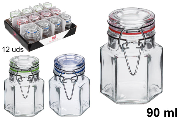 BARATTOLO ERMETICO IN VETRO ESAGONALE COLORI ASSORTITI 90ML