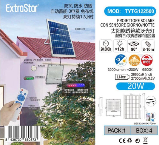 PROIETTORE SOLARE CON SENSORE GIORNO/NOTTE 20W 3200LM 6500K